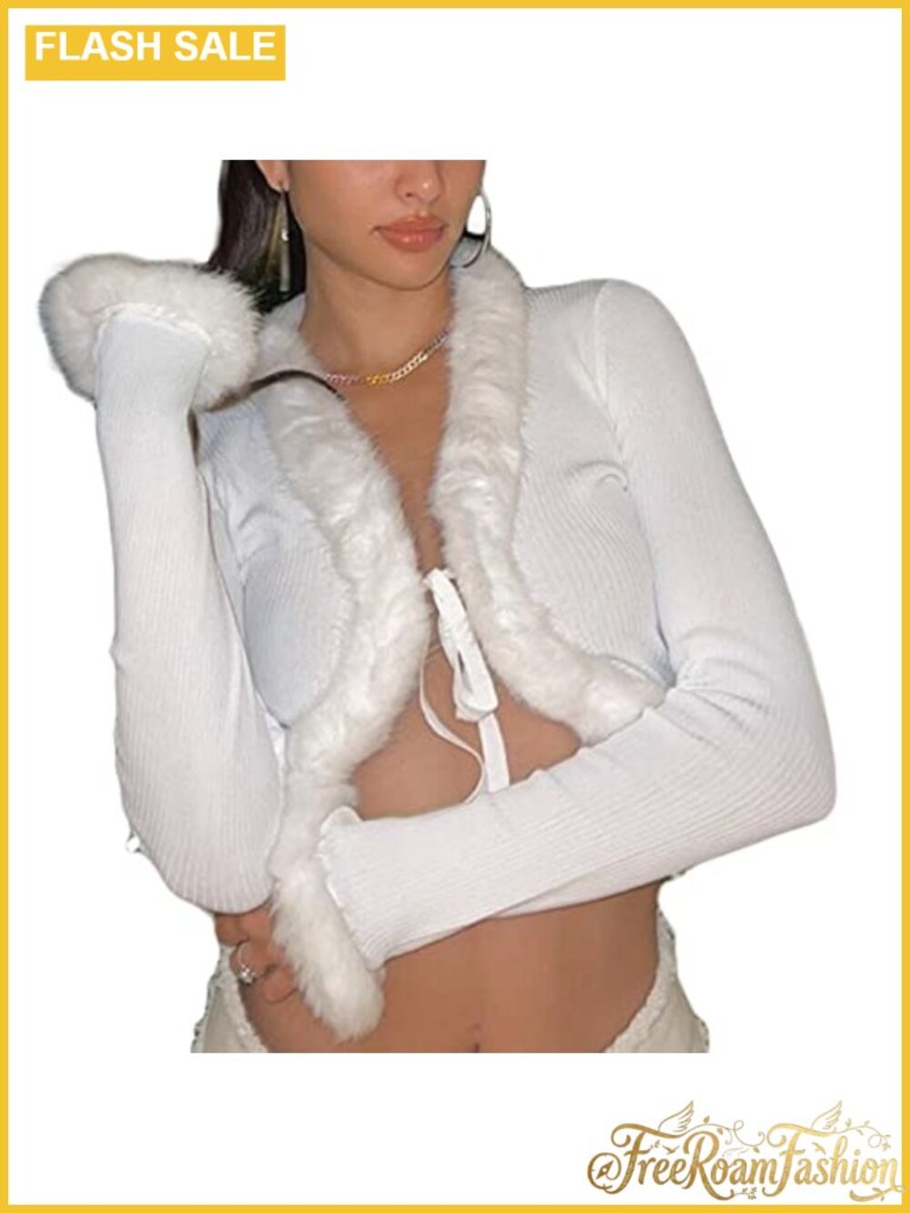 Faux Fur Trim Tie-Up Crop Cardigan Deep V Neck Knitted Sweater